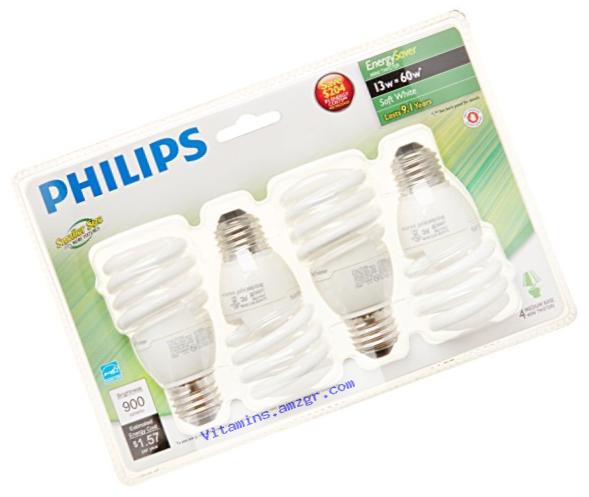 Philips 417071 Energy Saver Compact Fluorescent 13-Watt T2 Soft White Twister Household Light Bulb, 4-pack
