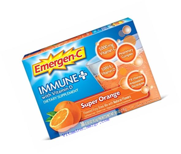 Emergen-C Immune+ System Support Dietary Supplement Drink Mix With Vitamin D, 1000mg Vitamin C, 0.33 Ounce Packets (Super Orange Flavor, 30 Count)
