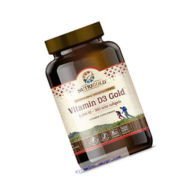 Nutrigold Vitamin D3 5000 IU, 360 Mini Softgels (GMO-free, Preservative-free, Soy-free, USP Grade Natural Vitamin D in Organic Olive Oil)