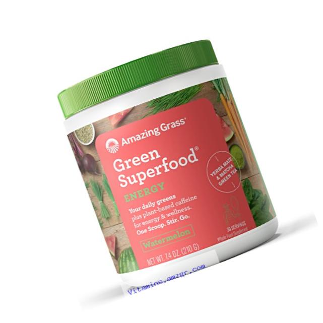 Amazing Grass Energy Green Superfood Organic Powder with Wheat Grass and Greens, Natural Caffeine with Yerba Mate and Matcha Green Tea, Flavor: Watermelon, 30 Servings