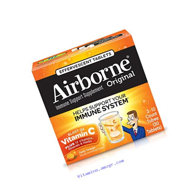 Airborne Vitamin C 1000mg Immune Support Supplement, Effervescent Formula, Orange, 30 Count Tablets